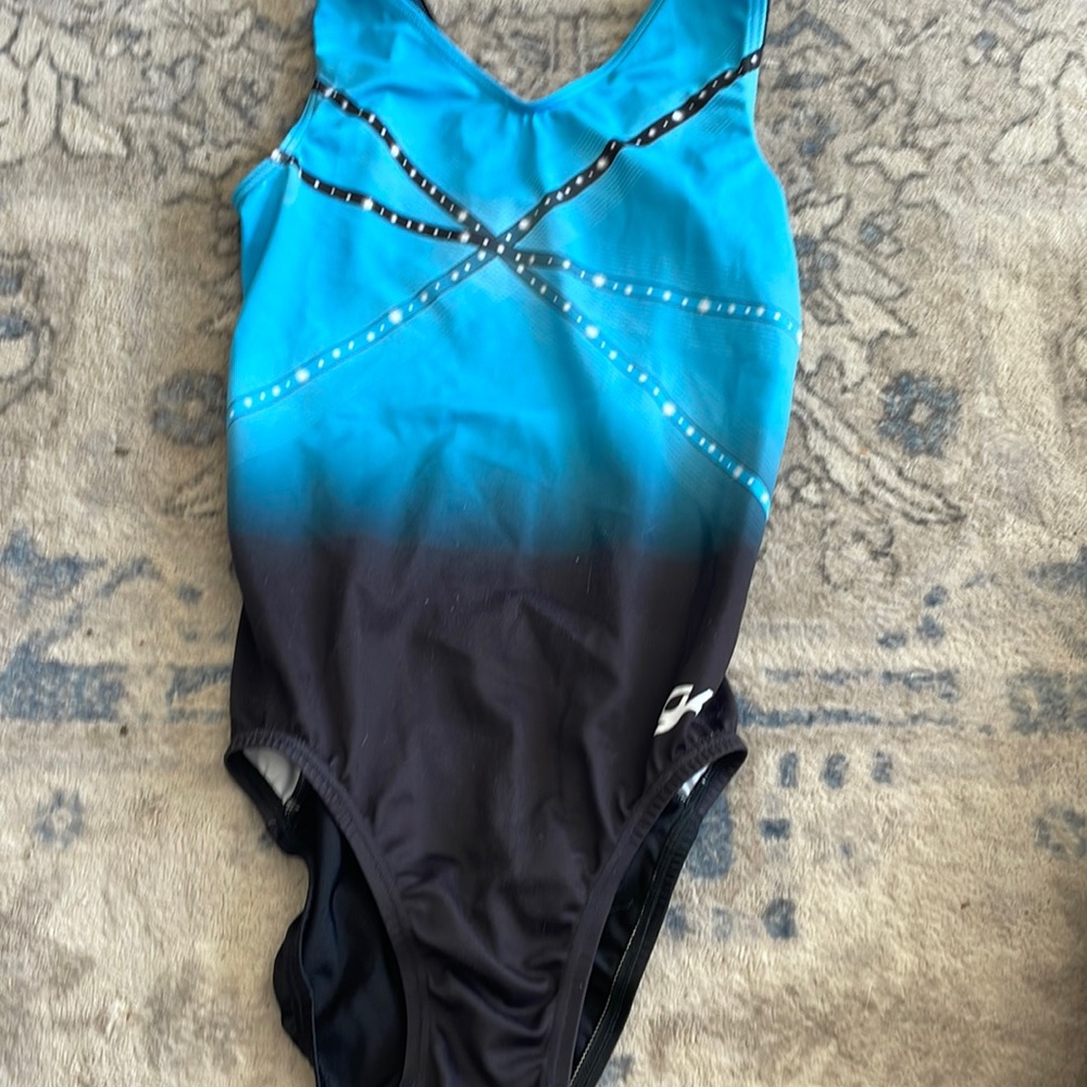 Blue black and white leotard